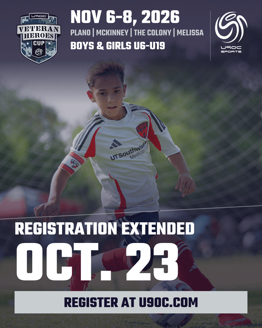 Veteran Heroes Cup, Nov 6-8, 2026: registration extended to Oct. 23. Register at u90c.com.